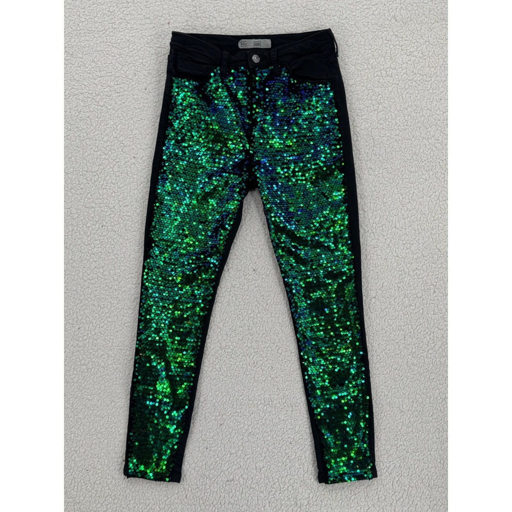 Topshop Moto Jamie Sequin Skinny Black Jeans Women Size W28 L30 Green High Rise